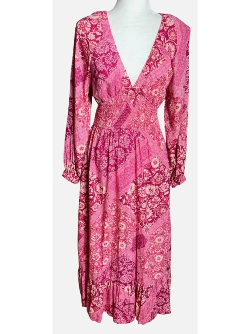 Japna Patchwork Dress Pink Rayon Boho Midi Tier Ruffle Smocking Pockets Wom S